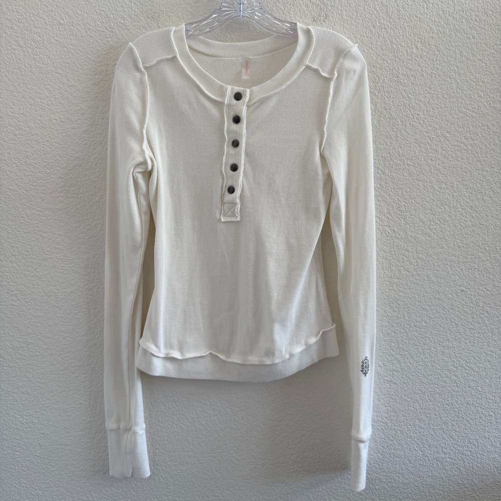 Free People FP Movement White Ribbed Henley Long Sleeve Top Large
